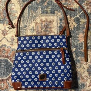 Dooney & Bourke Blue Patterned Crossbody Bag with Brown Trim